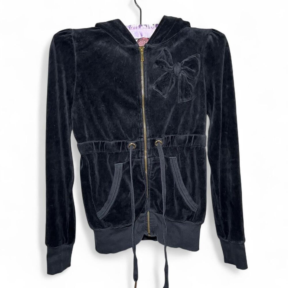 Y2K Juicy Couture Cinch Waist Tie Tracksuit Jacket Bow Velvet Black Size Small